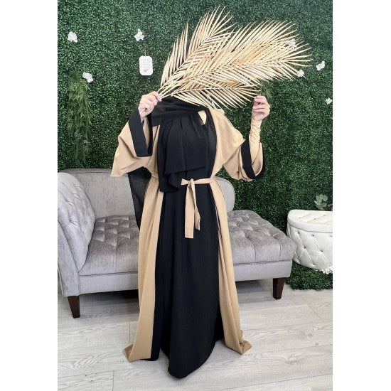 Abaya kimono intégré bi-couleur noir et ton contraste