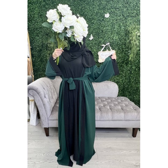 Abaya kimono intégré bi-couleur noir et ton contraste