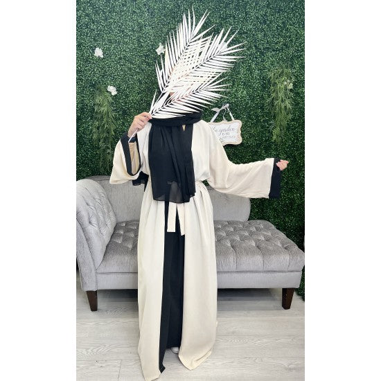 Abaya kimono intégré bi-couleur noir et ton contraste