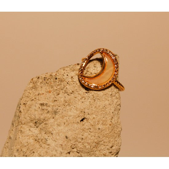 Bague doré Lune avec strass blanc nacré
